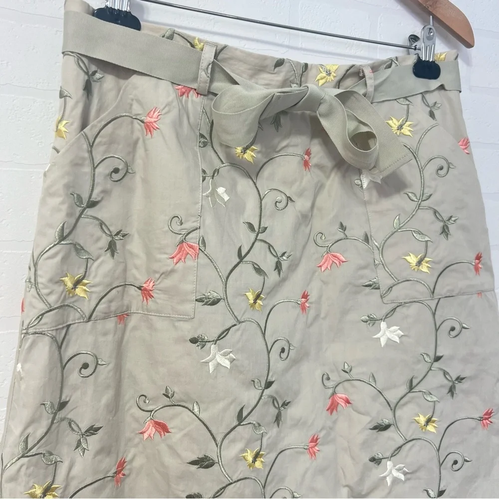 Orvis Tan Floral Embroidered A-Line  Cottagecore Grannycore Midi Skirt Cotton 14